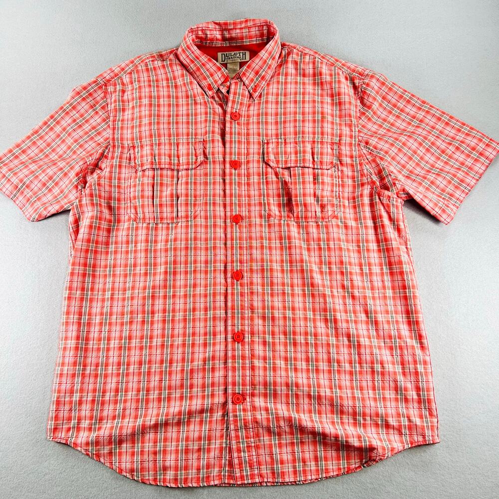 Duluth Trading Co Mens Large Plaid Short Sleeve Button Down Shirt Red Ventilated